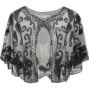Babeyond 1920s Shawl Wraps Beaded Evening Cape Bridal Shawl Cover Up (All Black)